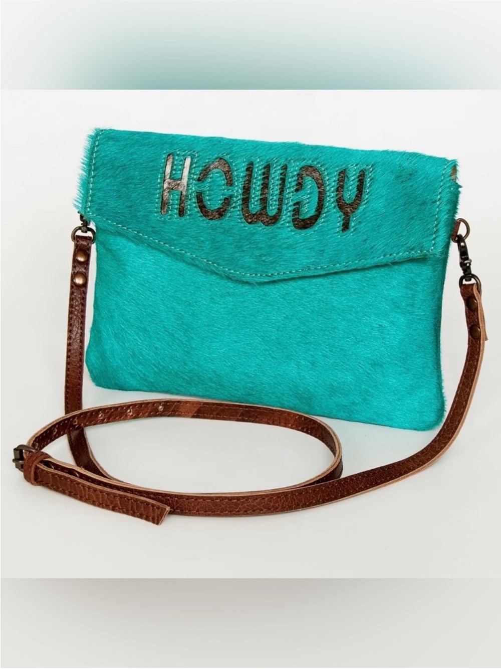 Western Bag Turquoise 'Howdy' Crossbody Clutch with Brown Strap